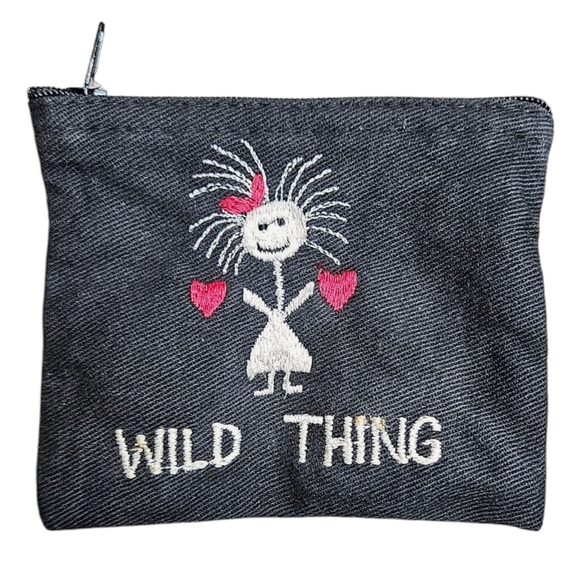 Vintage Y2K Coin Pouch Embroidered Stick Figure Girl W/Hearts & Spellout - Picture 1 of 6